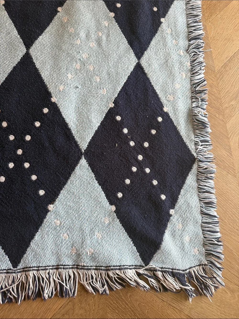 Vtg Afghan Argyle Woven Throw Blanket Fringed - tapestry blanket